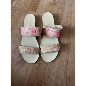 Jack Rogers Women's Adair Sandals Pink Floral Embroidered Cork Straps